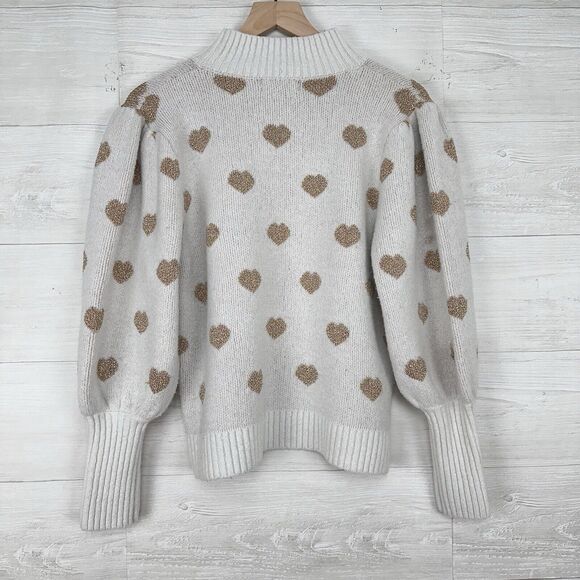 Anthropologie Hearts Sweater Women L Neutral Gold Puff Sleeve High Neck Pullover - Picture 9 of 16